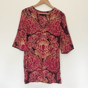 Corey Lynn Calter Anthropologie Pink Gold Floral Batik Print Dress Bell Sleeve 0